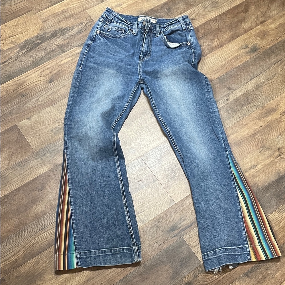 Women's Denim Flare Jeans with Multicolor Stripes